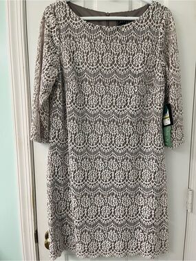 JH Evenings Taupe with Cream Lace-Overlay Knee-Length Dress with 3/4 Sleeves